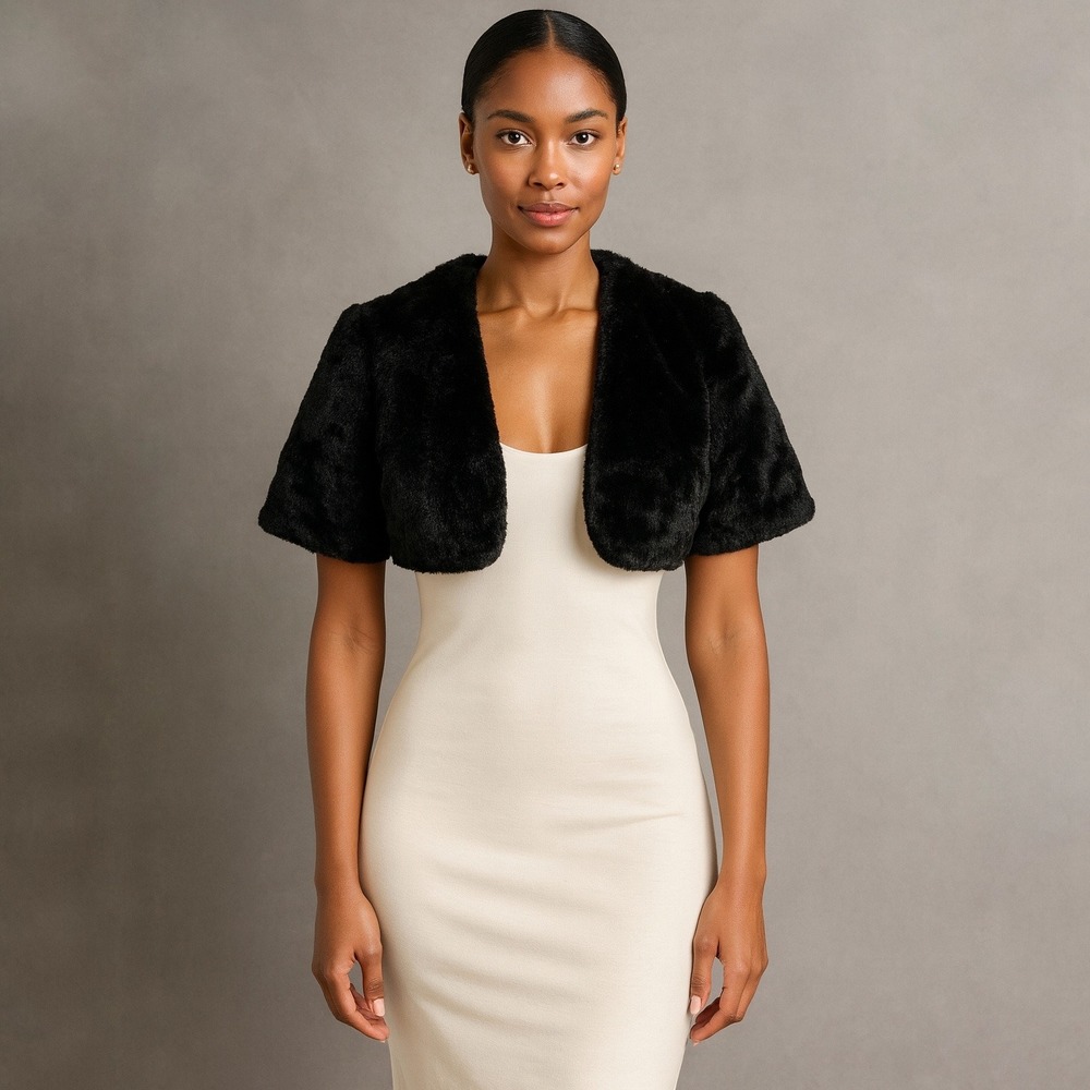 Caché Black Faux Fur Bolero Jacket Size Small Short Sleeve Evening Shrug